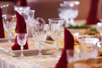 Wedding reception place ready for guests. table with food and drink