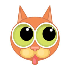 Cartoon cat face icon with big eyes and contour isolated on white background. The cat shows the tongue.