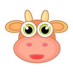 Cartoon face icon of cow with smile and outline isolated on white background. Positive and good icon..