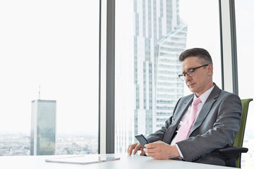 Fototapeta premium Mature businessman text messaging through cell phone near office window