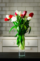 Fresh white and red tulips on kitchen background. Present from husband, man. Copyspace.