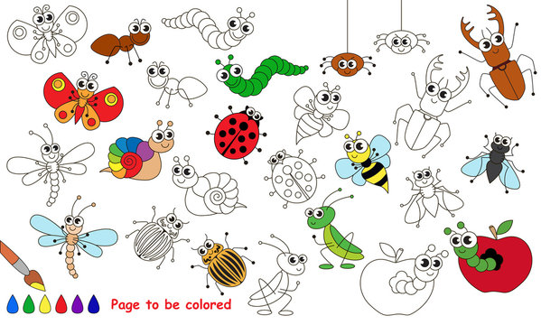 Set of funny insects cartoon. Page to be colored.