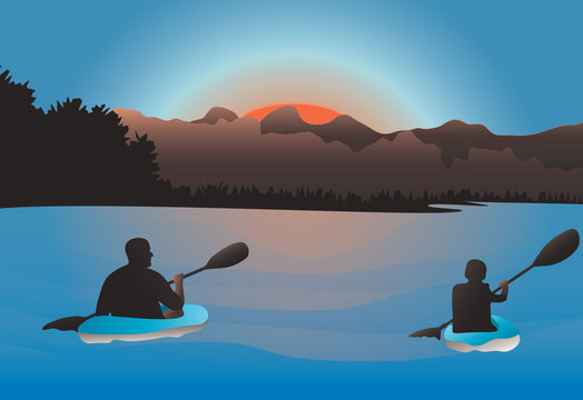 Father and child in kayak in a lake or pond with sun setting in the background vector illustration