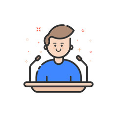 Vector illustration in flat bold outline style with boy - orator speaking from tribune.