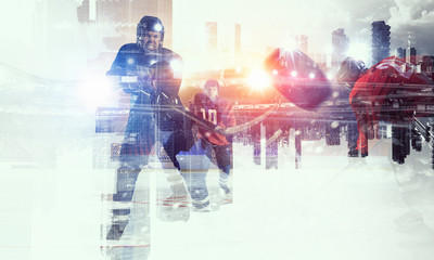 Hockey players on ice . Mixed media