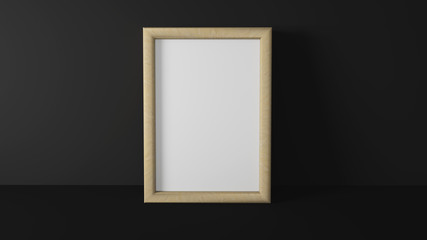 Blank wood picture frame in dark interior. 3d rendering.