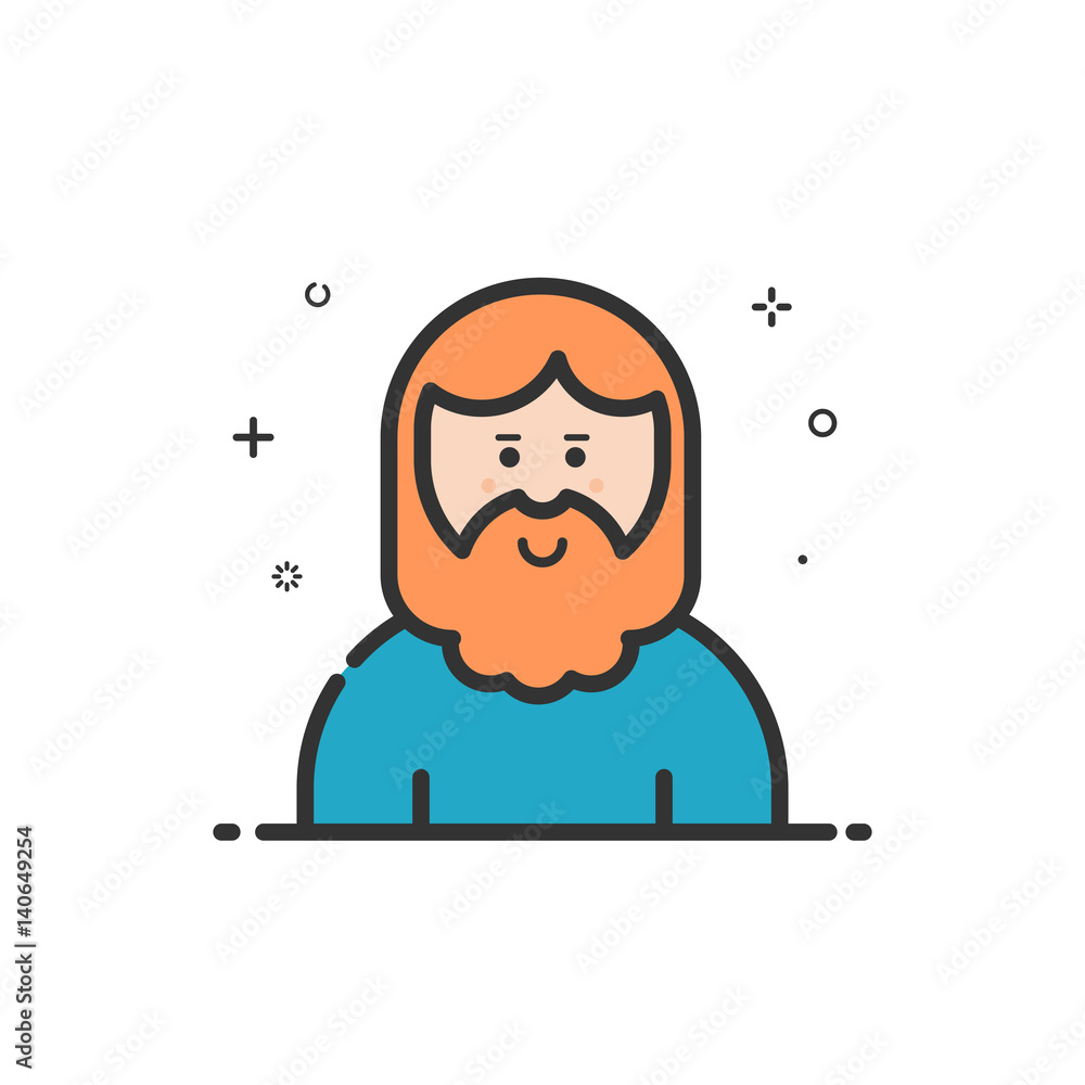 Poster vector illustration of icon in flat line style. linear cute and smiling hipser man with beard.