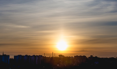 Fototapeta premium Voronezh city at sunset, against a colorful sky, panoramic aerial view from roof