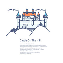 Poster Castle Hill , Design Element for Real Estate or Hotel, Old Fortress and Text, Royal Palace on White Background, Historic Landmark, Brochure Flyer Design, Vector Illustration