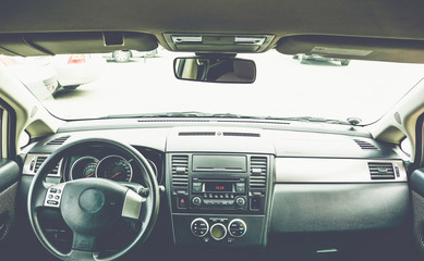 Interior view of vehicle. Modern technology car dashboard close up. 