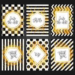 Set of 6 vintage card templates  in black and white colors and with golden frame. For the wedding, marriage, save the date cards, invitations, greetings.