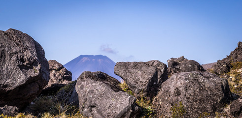 View on Ngauruhoe Volcano with beautiful green hills, near Tongariro National Park, North Island,...