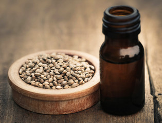 Seeds of Cannabis or hemp with essential oil in bottle