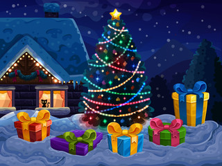 New year and Christmas winter landscape with Christmas tree .   concept for greeting or postal card, vector illustration