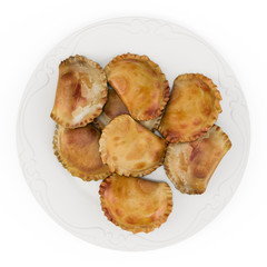 Delicious pies with chicken and potato dough sprinkled a traditional Russian pastry. Top view. Isolated on white background. 3D Rendering, 3D Illustration.