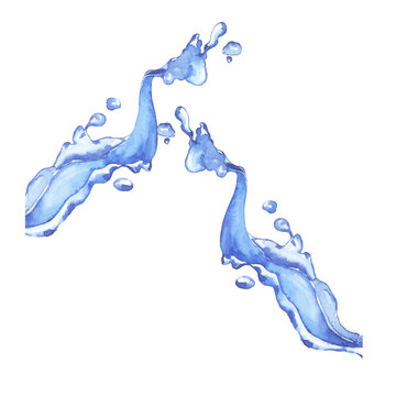 Blue water wave splash with drops on white background. Hand drawn watercolor vector illustration.