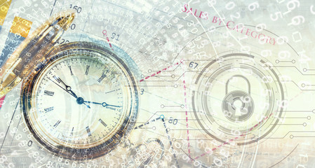 Pocket watch on infographs . Mixed media