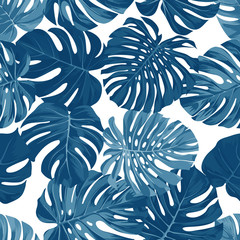 Vector seamless pattern with monstera palm leaves on dark background. Summer tropical fabric design. © Ms.Moloko