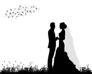 silhouette of the bride and groom, wedding, postcard