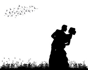 Vector, isolated, silhouette of the bride and groom, wedding, invitation