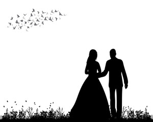 Vector, isolated, silhouette of the bride and groom, wedding