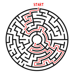 Circle Maze with Solution. Labyrinth with Entry and Exit. Find the Way Out Concept. Vector Illustration.