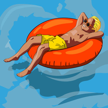 иллюстрация мальчик на надувном кругу на воде