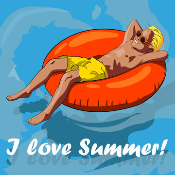 иллюстрация мальчик на надувном кругу на воде и надпись я люблю лето