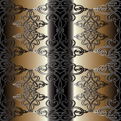 Damask seamless pattern background wallpaper illustration with vintage antique striped 3d line art ornaments. Gold and black vector texture.