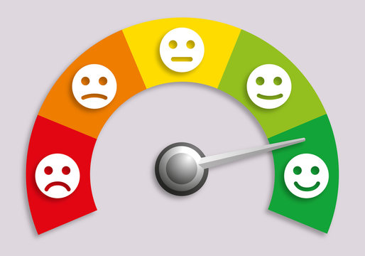 Concept de l’évaluation d’une opinion avec un compteur indiquant différents indices de satisfactions, présentés sous forme d’émoticônes.