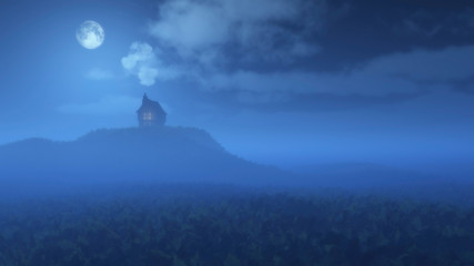 Fairytale cottage on hill in moonlight.