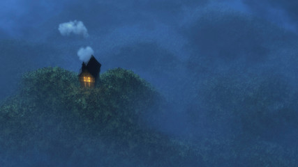 Aerial view of fairytale cottage on hill in moonlight.
