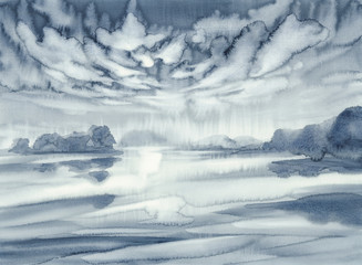 grey landscape watercolor