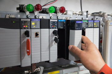 PLC programable logic controler,This picture show hard wiring communication socket connection during technician maintenance