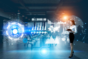 Woman with a book and round graphs