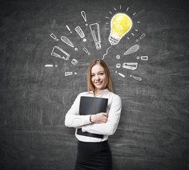 Woman with folder, bulb and exclamation