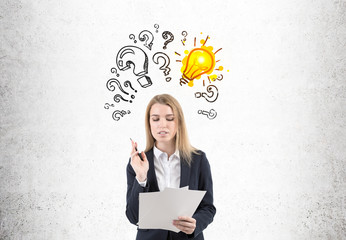 Blond woman, documents, bulb and questions