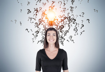 Woman in black, bulb and many questions