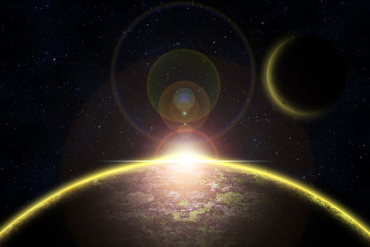 Fototapeta Abstract planet with sunrise effect and glow