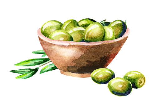 Bowl with olives. Watercolor