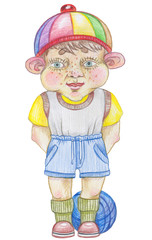 Illustration little boy, made color pencils . on white background