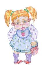 Illustration red-haired girl with freckles, made color pencils . on white background