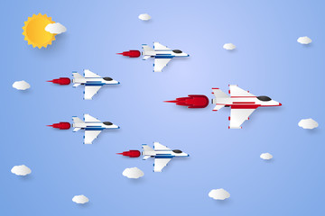 Leadership concept , Jet plane flying in the sky, paper art style