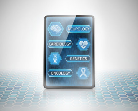 Vertical tablet displaying medical menu on modern background