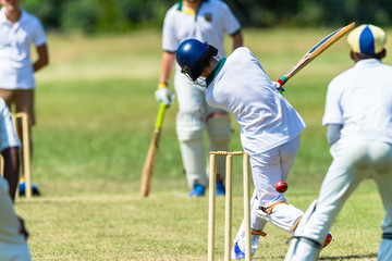 Cricket Game Batting Ball Closeup Players Action.