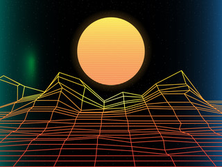 Sun, bright,  synth pop light grid background. Vector Retro background 80s. synth pop