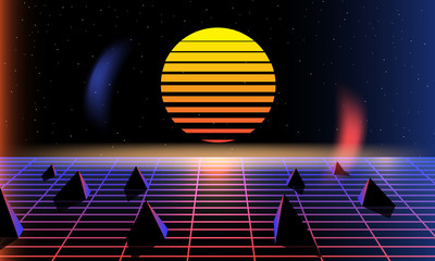 Sun, bright,  synth pop light grid background. Vector Retro background 80s. synth pop