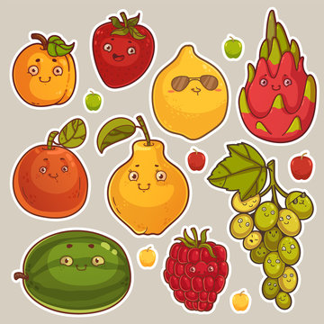 Collection of Cute Fruit Stickers. Cute Cartoon Characters