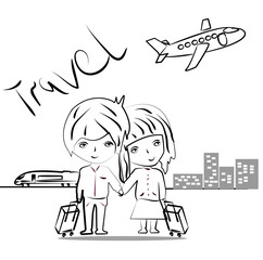 vector Couple in love, travel, train, plane, luggage