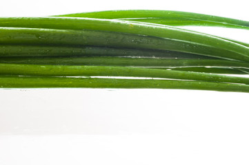 Fresh Green Onion leaves vegetables on wet glass table with water drops